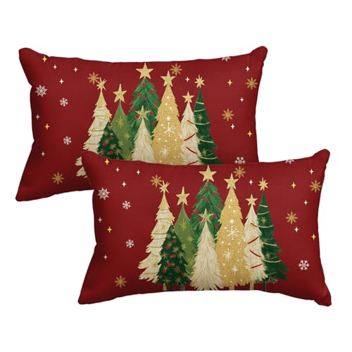 AVOIN colorlife Christmas Trees Star Red Throw Pillow Covers Set of 2, 12 x 20 Inch Snowflake Seasonal Winter Holiday Cushion Case Decoration for Sofa Couch