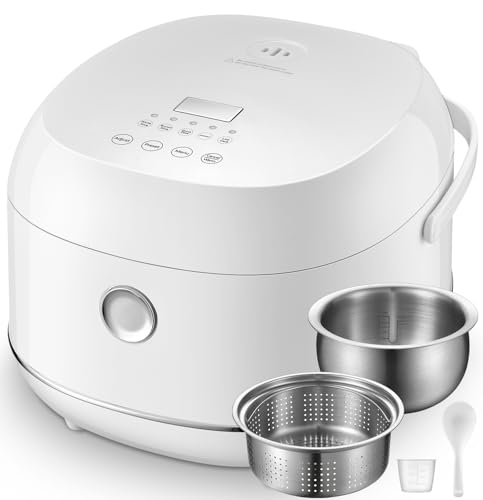 Mini Stainless Steel Rice Cooker 5 Cup Uncooked, 10 Cup Cooked with Timer - Warm White