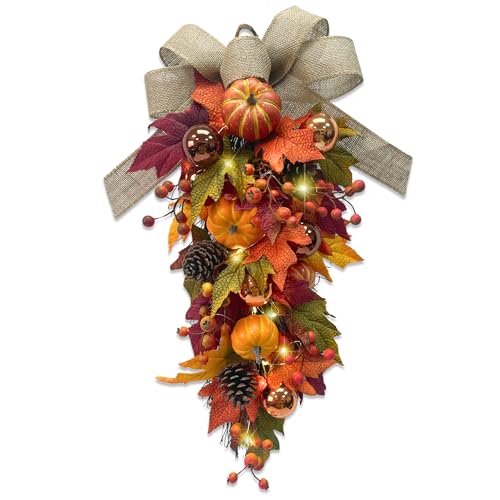 24-Inch Pre-Lit Fall Teardrop Swag with 15 Warm LED Lights & Timer, Autumn Door Decor