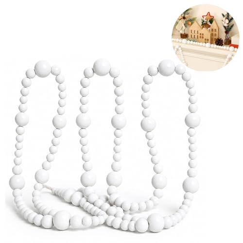 7ft White Wood Bead Garland - Rustic Christmas Decor, Tree & Mantel Accent (Brand: Woodeni) - 144 beads