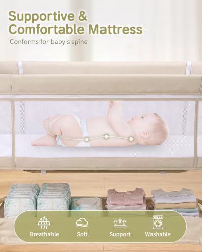 Wnttmt Beige 3-in-1 Baby Bassinet Bedside Crib with Wheels & Adjustable Heights