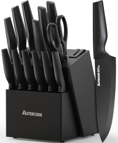 15-Piece Kitchen Knife Block Set with Sharpener - German Stainless Steel, Black