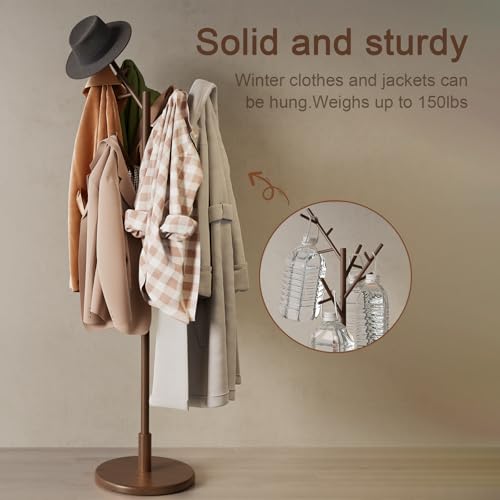 Muwuele Walnut Coat Rack Tree with 12 Hooks, Adjustable Height Freestanding Organizer