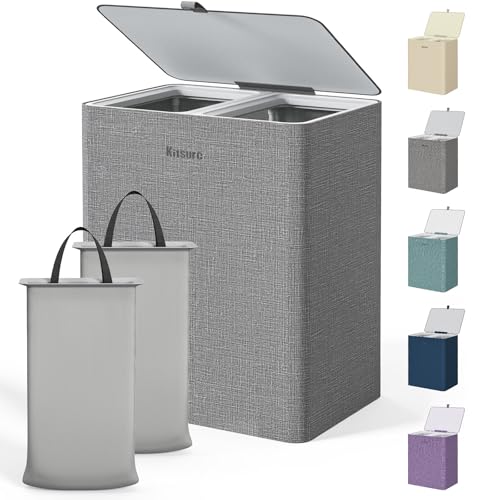 Gray Laundry Hamper with Lid 160L - 2-Compartment Sorter & Removable Bags