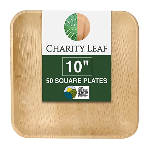 Charity Leaf 50-Pack 10-Inch Square Compostable Bamboo Dinner Plates - Heavy Duty, Eco-Friendly, Disposable for Parties & Events
