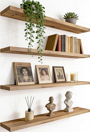 HXSWY 24 Inch Rustic Farmhouse Floating Wall Shelves Set of 4 Light Brown - Solid Wood