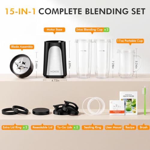 Black KOIOS 1000W Smoothie Blender 15-in-1 Set with Twist-Press Design
