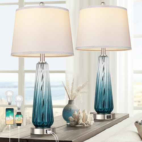 Teal Glass Table Lamps Set of 2 with Touch Control & USB Ports - Modern Nightstand Lamps for Bedroom & Living Room, 27.5 Inch