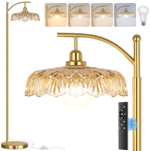 Gold Champagne Floor Lamp for Living Room & Bedroom - Dimmable Mid Century Modern Standing Lamp with Remote & Amber Glass Shade - 68" Tall Vintage Retro Design