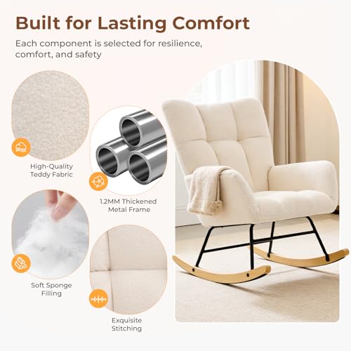 DUMOS Beige Nursery Rocking Chair with High Backrest & Padded Seat - Small Space Glider for Living Room & Bedroom, 1 Pack