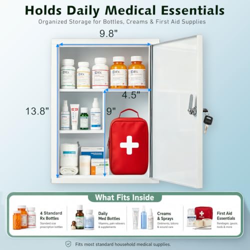 KYODOLED Rectangular Wall Mount Locking Medicine Cabinet with Keys, 15.75 Inch, White
