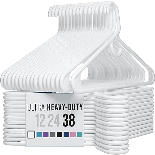 Heavy Duty Plastic Hangers 38 Pack - White Clothes Hangers for Coats & Jackets - Neaterize