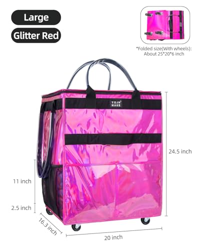 Large Glitter Pink Reusable Grocery Bag with Wheels - Foldable Rolling Tote