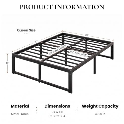 Black Queen Heavy Duty Metal Platform Bed Frame 14 Inch High