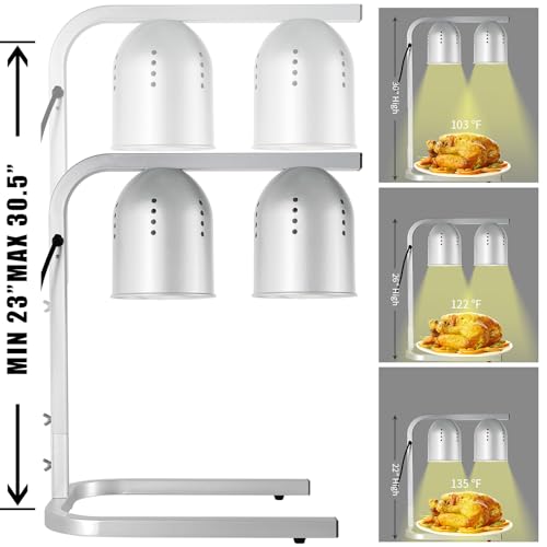 VORIGY Silver Food Heat Lamp with 2x 250W Bulbs, 5000+ Hour Lifespan, Adjustable Stand