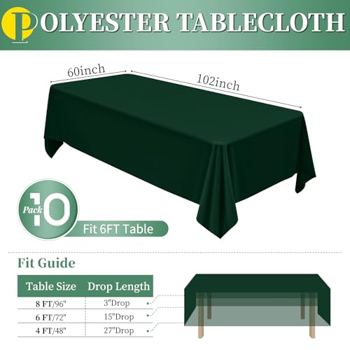 Teruntrue 10 Pack Hunter Green Polyester Tablecloth 60 x 102 Inch for 6ft Tables
