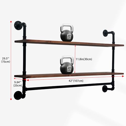 42 Inch 2 Tier Industrial Pipe Shelving Wall Mounted with Plank & Hooks