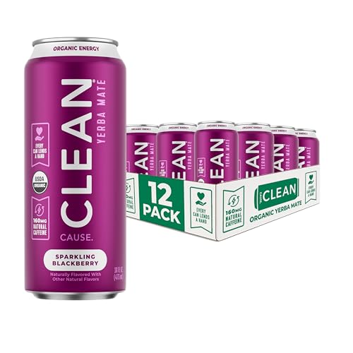 CLEAN Cause Organic Blackberry Yerba Mate Sparkling Energy Drink - Low Calorie, Natural Caffeine, 12 Pack