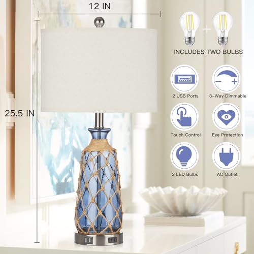 Ruzectt 25.5" Coastal Glass Table Lamps Set of 2, 3-Way Dimmable