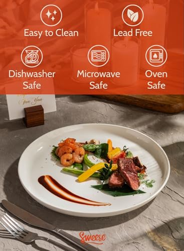 Sweese 10-Inch White Porcelain Dinner Plates Set of 6 - Dishwasher & Microwave Safe