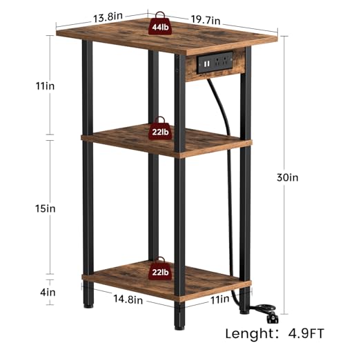 Rustic Brown Tall End Table with Charging Station - 30 Inch Nightstand with Storage
