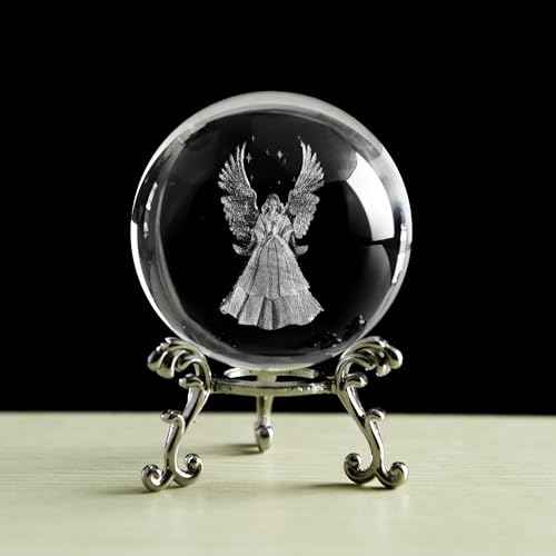 2.3in 3D Laser Guardian Angel Crystal Ball Paperweight with Stand 3D Engraving Crystal Praying Angel Gift Home Decor
