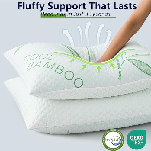 Green-White Bamboo Cooling King Pillows Set of 2 - Adjustable Memory Foam, Sleep Support