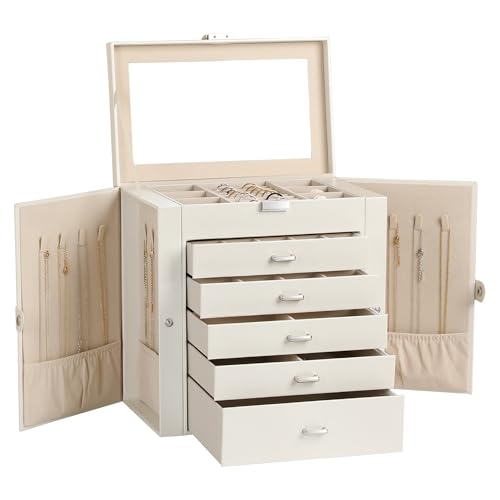Pearl White 6-Layer Jewelry Box for Women, Large Organizer with Mirror & Drawers