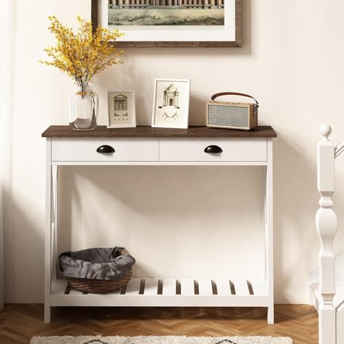 White Console Table with Drawer and Stable X Supports - 39.37W x 11.81D x 31.5H