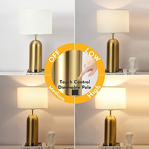 Gold Touch Control Table Lamps Set of 2 - 22 Inch Modern White & Gold Bedside Nightstand Lamps with USB-C Ports