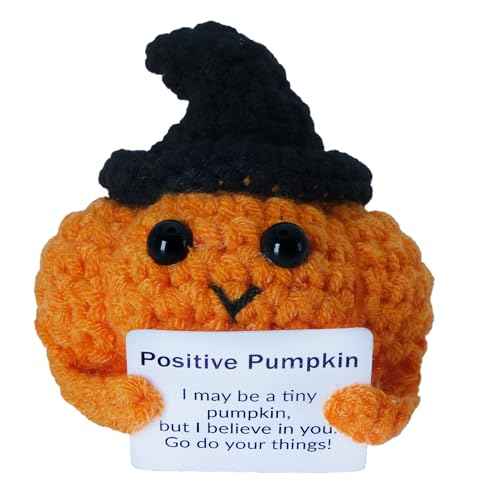 Halloween Positive Pumpkin Emotional Support Crochet Doll Decor Halloween Basket Stuffer for Women Men Funny Handmade Hat Pumpkin Doll Christmas Stocking Stuffers for Girls Boys Party Decoration