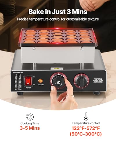 VEVOR 25PCS Mini Pancake Maker with Temp & Time Control, Non-Stick Stainless Steel Dutch Muffin Waffle Baker
