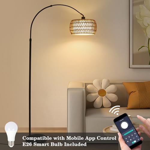 Bohemian Arc Floor Lamp with Rattan Shades, Dimmable LED, Remote Control, Tall Farmhouse Standing Light for Living Room