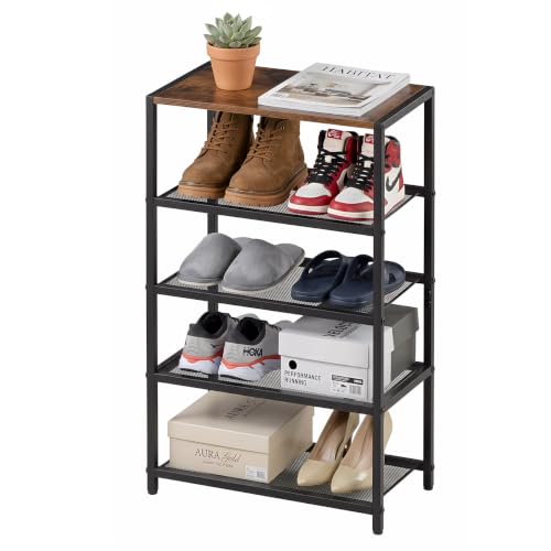 5-Tier Narrow Shoe Rack with Wood Top - 17 x 10.24 x 31.71 Inches, Black Metal Storage Organizer