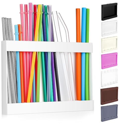 Qinyoung Acrylic Straw Holder for Cabinet Door with Double Sided Adhesive Tape Reusable Straw Organizer Tumbler Storage Kitchen Accessories Container for Counter Cupboard(Classic,Extra Large,White)