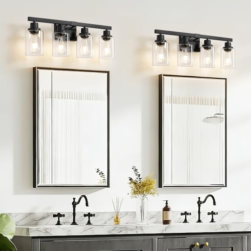 DIKAIDA Black 4-Light Bathroom Vanity Light Modern Matte Black Wall Sconce with Clear Glass Shades