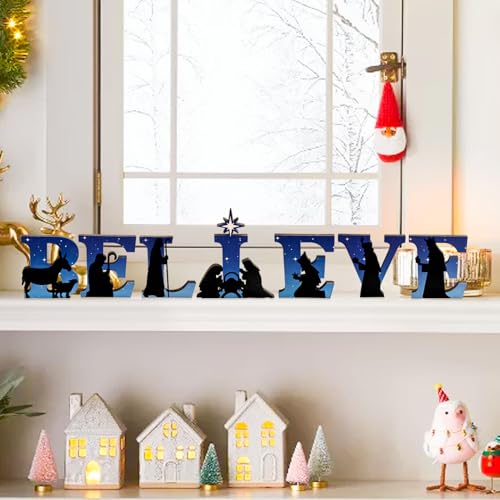 Believe Nativity Scene Wooden Sign - Christmas Tabletop Decor