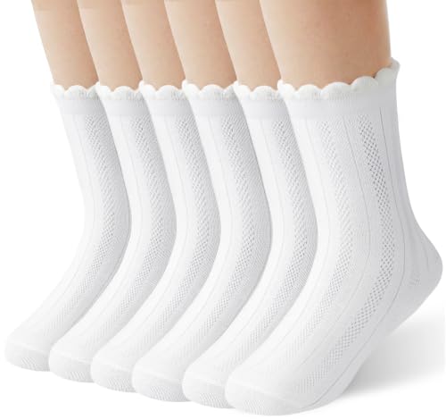 Girls Socks 6 Pairs Cotton Ruffle Crew Ankle Socks for Ages 2-14, White, Size 6-8 Years