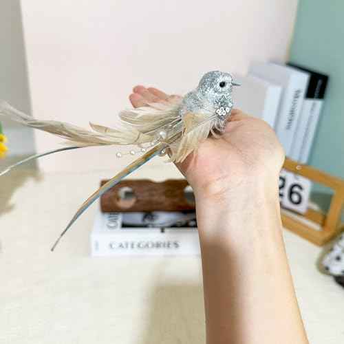 6 Pack Decorative Silver Glitter Birds Artificial Feather Foam Clip on Birds Christmas Tree Ornaments with Clips for Wedding Party Garden (Silver Glitter)