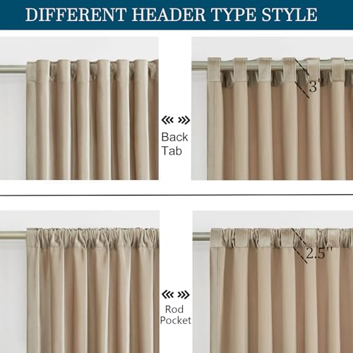 Beige Champagne Velvet Curtains Set of 2, 52W x 108L Inches, Room Darkening, Rod Pocket & Back Tab, Living Room & Bedroom