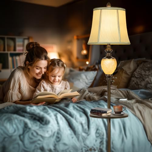 Dark Brown 64-Inch Vintage Floor Lamp with Tray & Nightlight, Faux Silk Shade