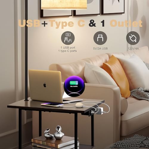 PESRAE Rustic Brown Floor Lamp with Table & Remote Control - 3-Tier Side Table with Charging Station
