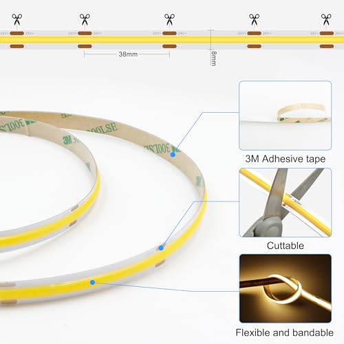 Warm White 3000K COB LED Strip Light 32.8ft with Remote, UL Power Supply, Dimmable