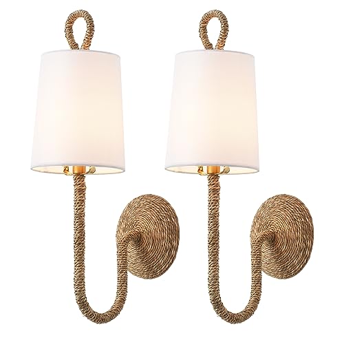 White Rattan Wall Sconce Set of 2 with Wicker Shade Boho Farmhouse Decor
