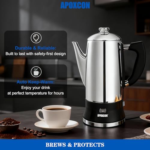 Electric Coffee Percolator 12-Cup Stainless Steel Coffee Maker with Glass Knob & Keep Warm