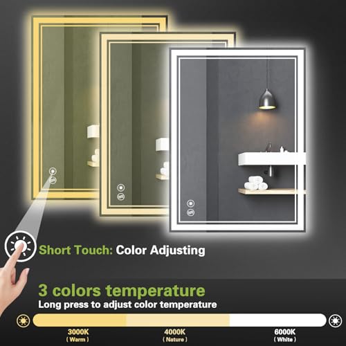 WUENLux 24x36'' LED Bathroom Mirror Anti-Fog Dimmable with 3 Color Lights & Memory