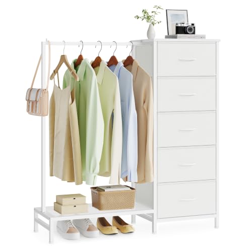 SONGMICS Cloud White Dresser with Hanging Rod & 5 Fabric Drawers, Adjustable Storage
