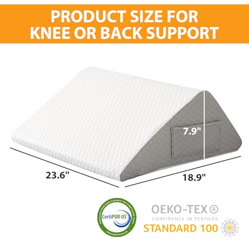 Ruqmuis White & Grey Knee Wedge Pillow for Back & Leg Support, 8" Leg Elevation Pillow for Pain Relief & Post-Surgery Recovery