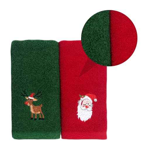 Veemoon 2pcs Christmas Face Towel Santa Bathroom Hand Towels Face Wash Cotton Wash Cotton for Bedroom, Bathroom, Kitchen(Red+Green)