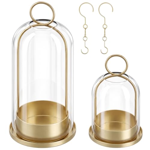 Gold Hurricane Glass Candle Holders Set of 2 - Metal Lanterns with Handmade Glass Domes